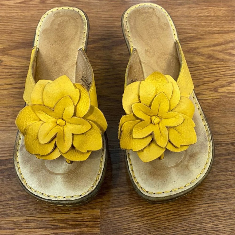 Born Women's Bone Leather Yellow Flower Cork Wedge Heel Sandals Size 7/38